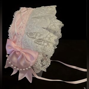 Pink Satin Lolita Bonnet Headpiece Bow Pearl Chain White Lace